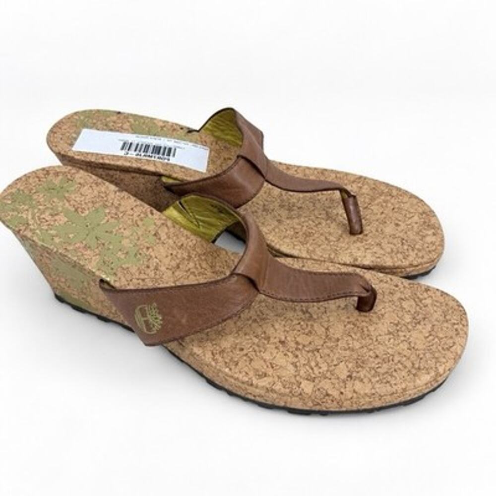 Timberland Botanical Thong Sandals Size 11 Brown Leather Cork Wedge NWOB 90378